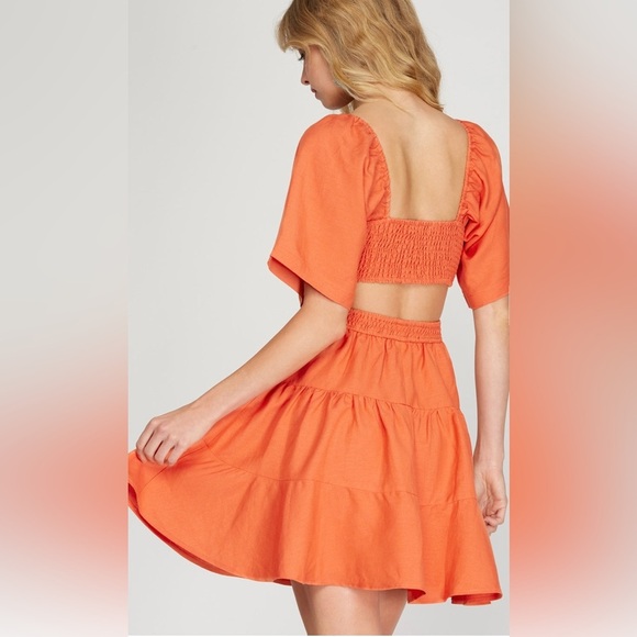 She + Sky flitter half sleeve linen tiered dress with open waist SZ LG - Picture 2 of 6